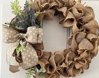 Burlap Lavender Front Door Wreath, Neutral Farmhouse Everyday Wreath