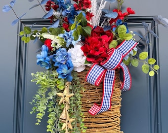 Patriotic Door Basket, Red White Blue Hydrangea Floral, Americana Summer Decor