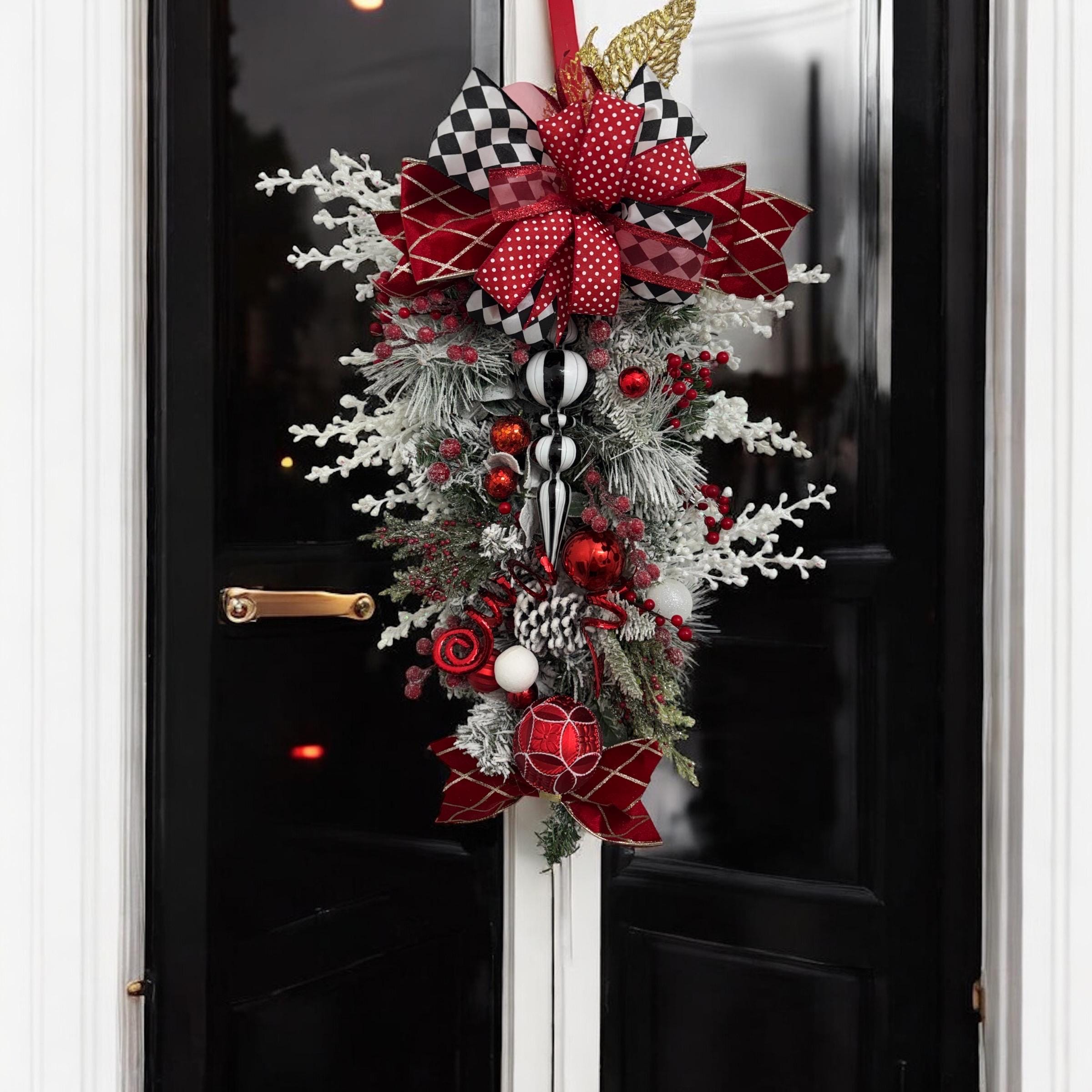 Red, Black & White Christmas Swag- Elegant Teardrop Door Decor-front