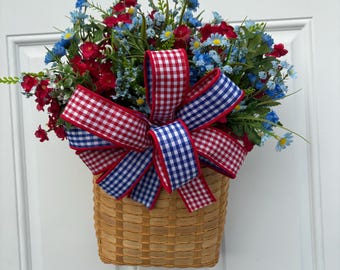 Red White and Blue Door Basket, Summer Door Hanger, Americana Front Door Decor,Fourth of July Wreath Alternative