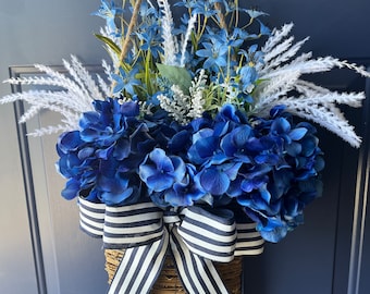 Navy Blue Hydrangea Door Basket: Farmhouse Linen Bow Decor