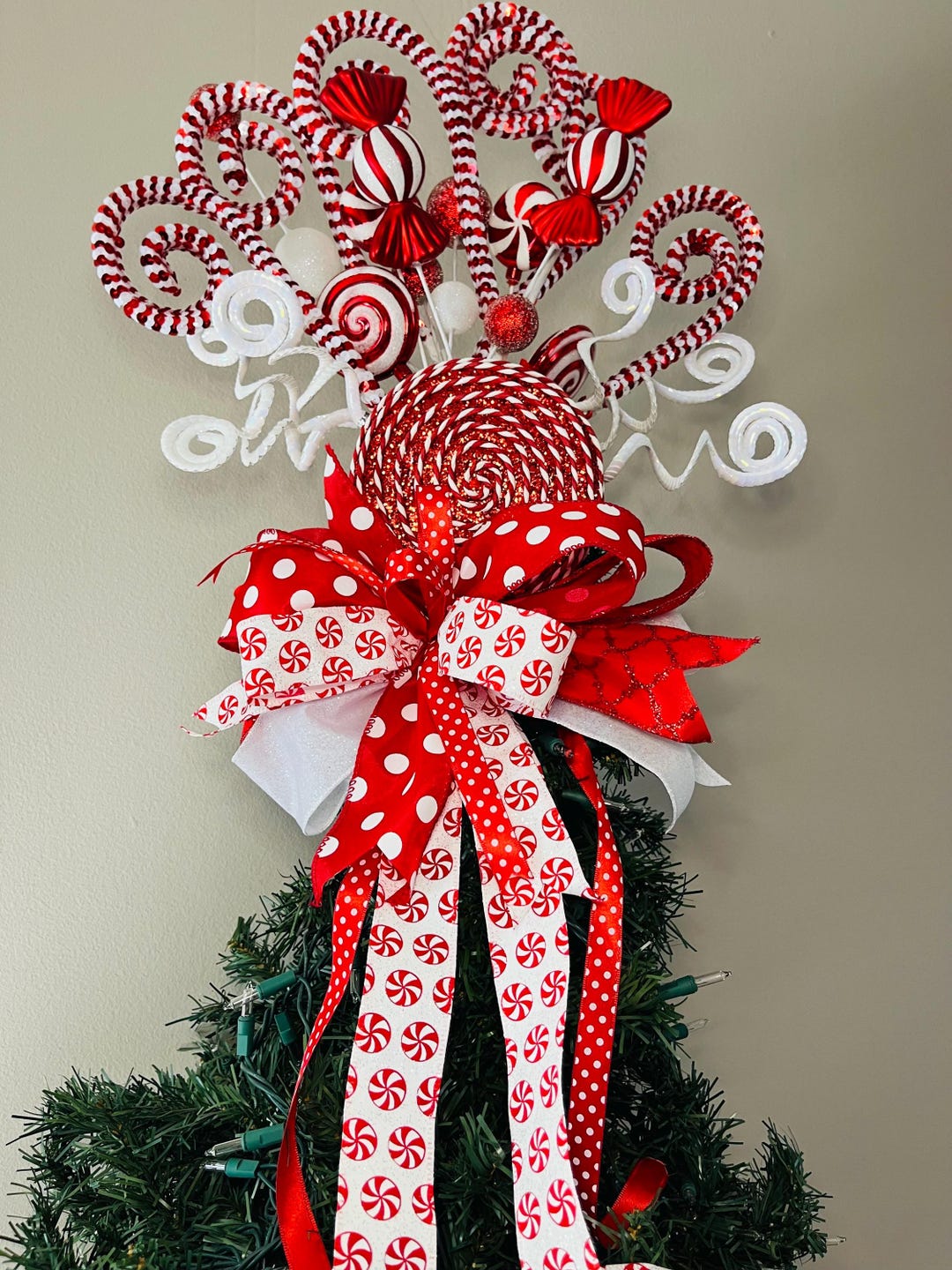 Red and White Tree Topper, Peppermint Themed Ribbon, Polka Dot Ribbon ...