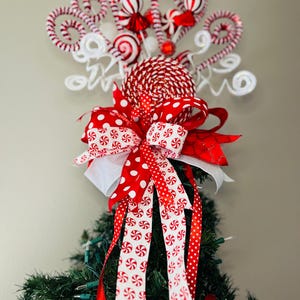 Red and White Tree Topper, Peppermint Themed Ribbon, Polka Dot Ribbon ...