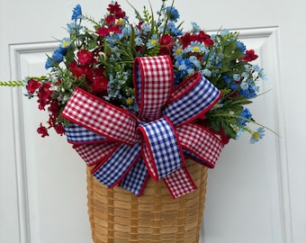 Red White and Blue Door Basket, Summer Door Hanger, Americana Front Door Decor,Fourth of July Wreath Alternative