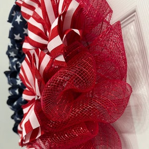 July 4th Patriotic Ribbon Wreath, Red White and Blue Front Door Decor, USA Decor image 3