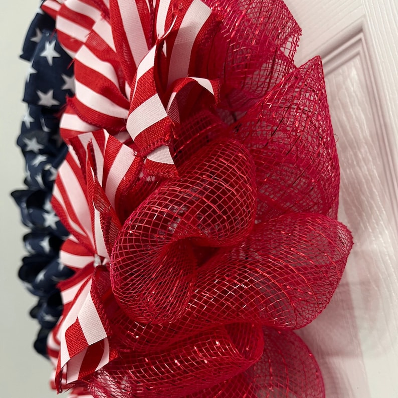 July 4th Patriotic Ribbon Wreath, Red White and Blue Front Door Decor, USA Decor image 3