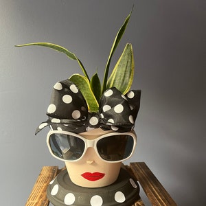 Hand-Painted Terracotta Face Planter: Lady with Sunglasses & Bow