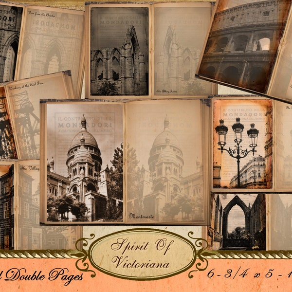 Double page Vintage cards with old buildings, famous landmarks collection, printable card for junk journal, instant digital download
