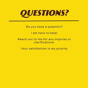 Puede incluir: Un fondo amarillo con texto negro que dice "&iquest;PREGUNTAS?" seguido de una l&iacute;nea negra. El texto debajo de la l&iacute;nea dice "&iquest;Tienes alguna pregunta? &iexcl;Estoy aqu&iacute; para ayudarte! Ponte en contacto conmigo para cualquier consulta o aclaraci&oacute;n. Tu satisfacci&oacute;n es mi prioridad."
