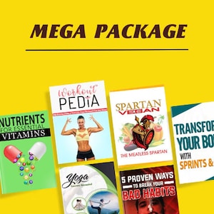 Puede incluir: Una colecci&oacute;n de seis libros electr&oacute;nicos de fitness y salud con portadas coloridas. Los t&iacute;tulos incluyen "Nutrientes para vitaminas esenciales", "Workout Pedia", "Spartan Vegan", "Yoga Secrets Revealed", "5 formas probadas de romper tus malos h&aacute;bitos" y "Transforma tu cuerpo con sprints y HIIT".