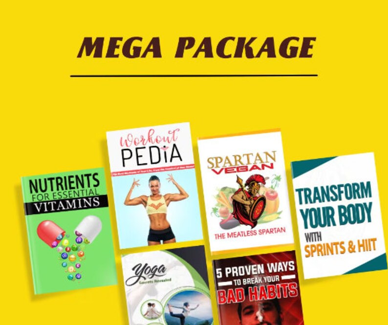 Puede incluir: Una colecci&oacute;n de seis libros electr&oacute;nicos de fitness y salud con portadas coloridas. Los t&iacute;tulos incluyen "Nutrientes para vitaminas esenciales", "Workout Pedia", "Spartan Vegan", "Yoga Secrets Revealed", "5 formas probadas de romper tus malos h&aacute;bitos" y "Transforma tu cuerpo con sprints y HIIT".