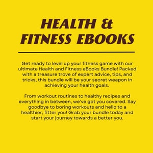 Puede incluir: Fondo amarillo con texto marr&oacute;n que dice "HEALTH & FITNESS EBOOKS". El texto de abajo explica que este paquete de libros electr&oacute;nicos est&aacute; repleto de consejos de expertos, consejos y trucos para ayudarte a alcanzar tus objetivos de salud. Tambi&eacute;n menciona que el paquete incluye rutinas de entrenamiento y recetas saludables.