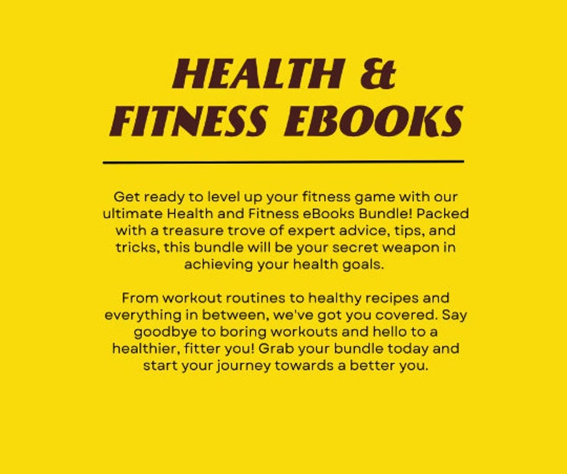 Puede incluir: Fondo amarillo con texto marr&oacute;n que dice "HEALTH & FITNESS EBOOKS". El texto de abajo explica que este paquete de libros electr&oacute;nicos est&aacute; repleto de consejos de expertos, consejos y trucos para ayudarte a alcanzar tus objetivos de salud. Tambi&eacute;n menciona que el paquete incluye rutinas de entrenamiento y recetas saludables.