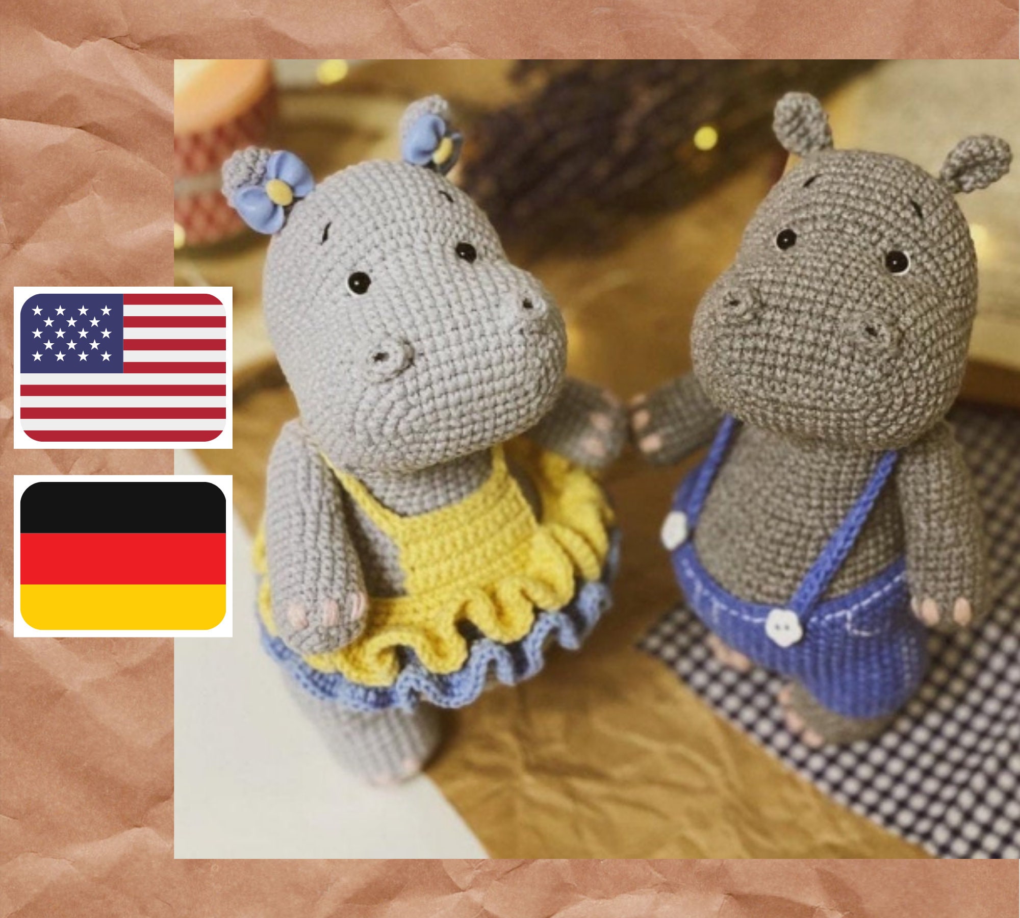 Crochet pattern for hippo Ostin and Lina, PDF (English, Deutsche) ami…