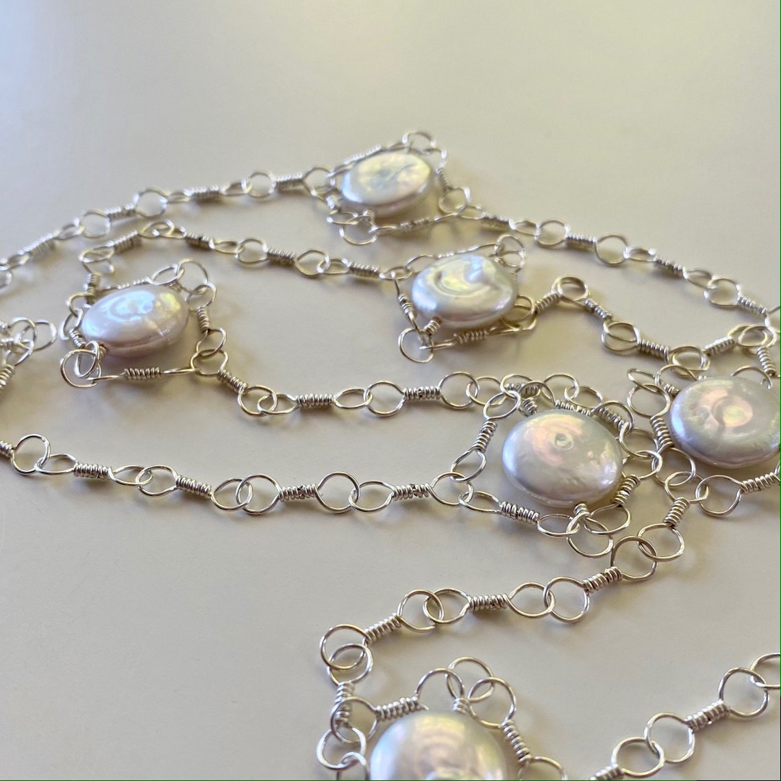 Pearl Station Necklace / Long Freshwater Pearl Necklace / Etsy