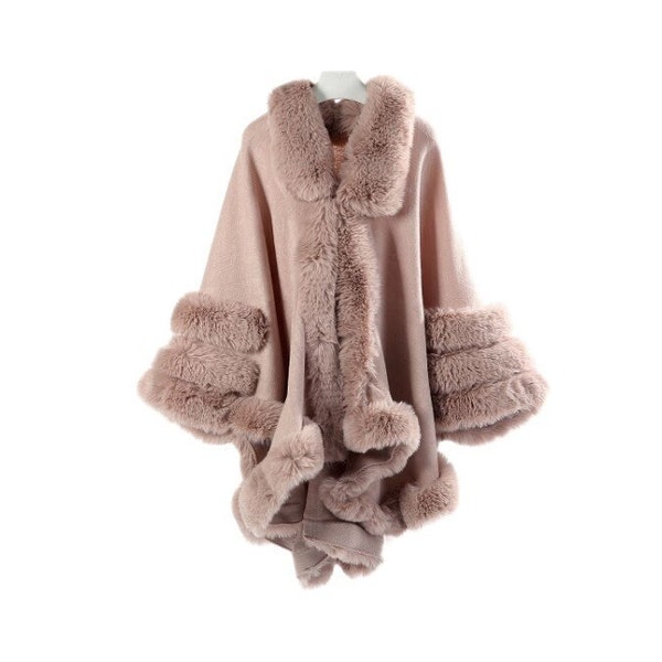 NEWLY ARRIVED Luxurious Faux Fur Trimmed Full Length Ladies Cape in Blush. With Sumptuous Faux Fur trim. Absolutely Stunning!