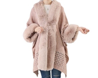 NEWLY ARRIVED Luxurious Hand Knit Chunky Crochet Cape in Blush. With Sumptuous Faux Fur trim. Absolutely Stunning!