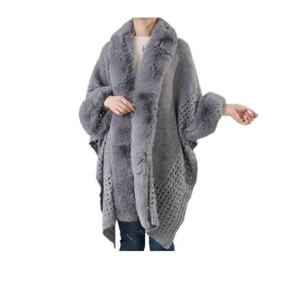 NEWLY ARRIVED Luxurious Hand Knit Chunky Crochet Cape in Silver. With Sumptuous Faux Fur trim. Absolutely Stunning!