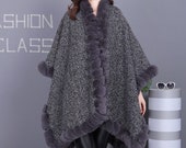 LIMITED STOCK New Design Poncho Faux Fur trim edge in dark Grey - Will keep you warm and cosy. Will fit UK size 8 to 18