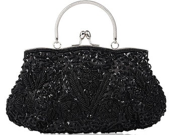 Sparkle and Shine with our Exquisite Black Beaded Evening Bag Perfect for a black-tie event, wedding, or any other special occasion.