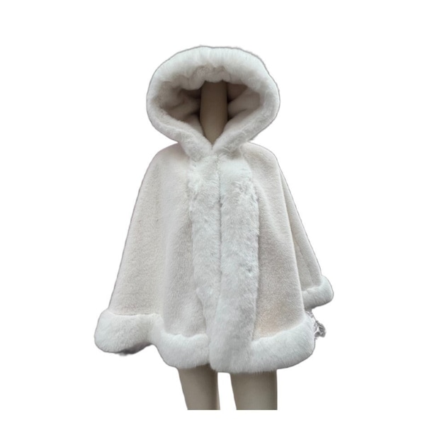 Glamourous Faux Fur Trimmed Snuggling special occasion thick Cape with Hood in White. Very Glamourous, Sophisticated and Gorgeously Elegant.