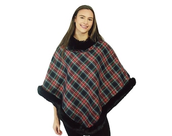 APPENA ARRIVATO! Il poncho autunno/inverno con design scozzese blu scuro ti mantiene caldo e accogliente Meravigliosamente elegante Taglia unica UK da 8 a 18 Stock limitato