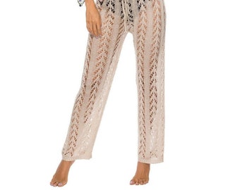 New Stock Crochet Style Beach Trousers in elegant Beige One size only fit UK size 12-14 USA 10-12