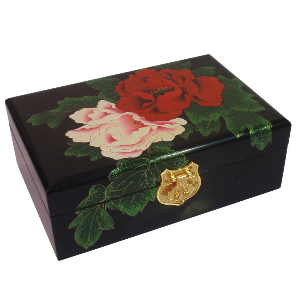 Black Lacquer Jewellery Box Decorated With Peony Blossoms so Etsy UK
