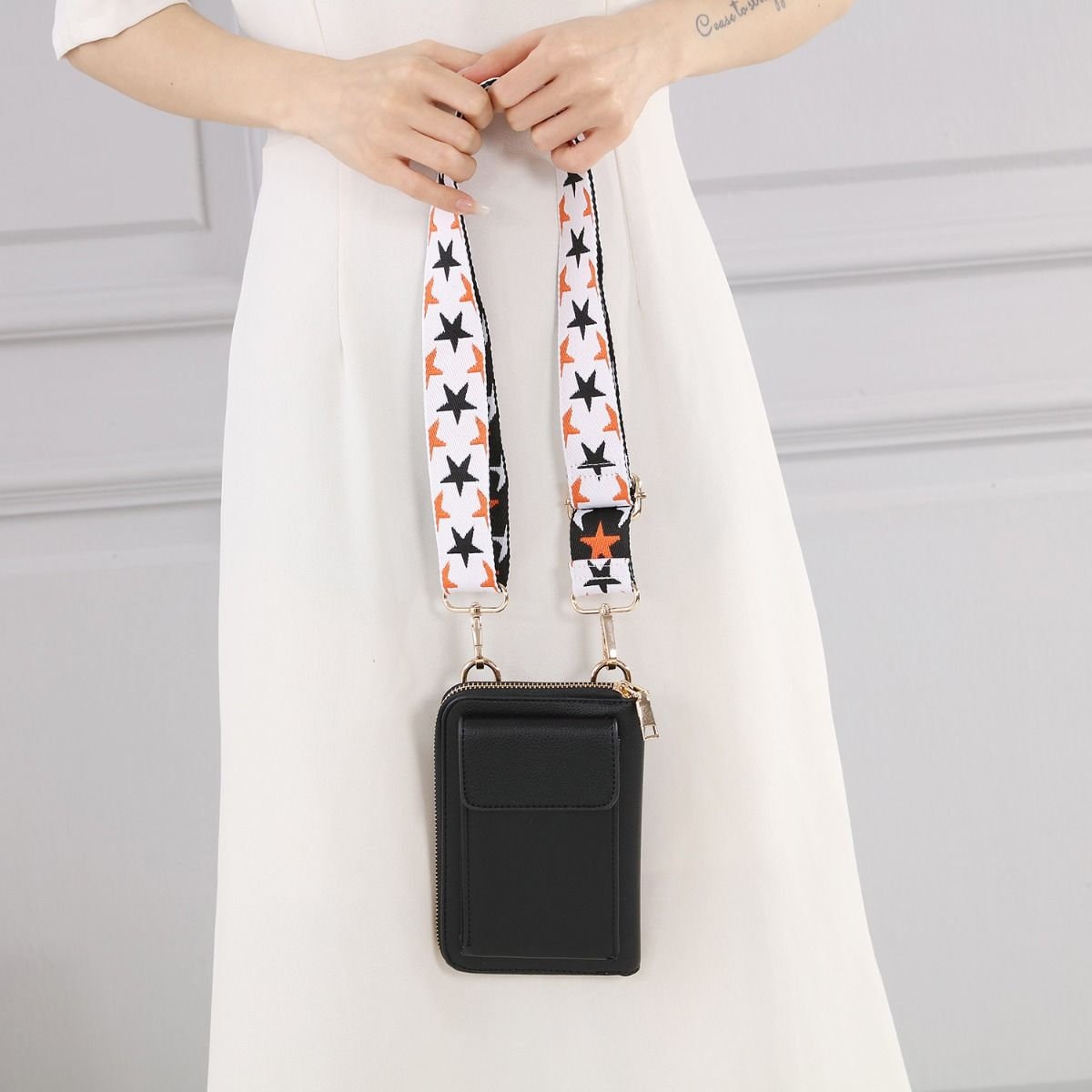 Cross Body Phone Bag With Funky Strap in Black Sophisticated 