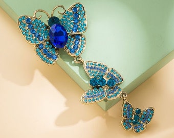 Stunning Triple Crystal drop Butterflies Brooch in Blue - Embellished with high quality CZ crystals. So Feminine for any occasion..!