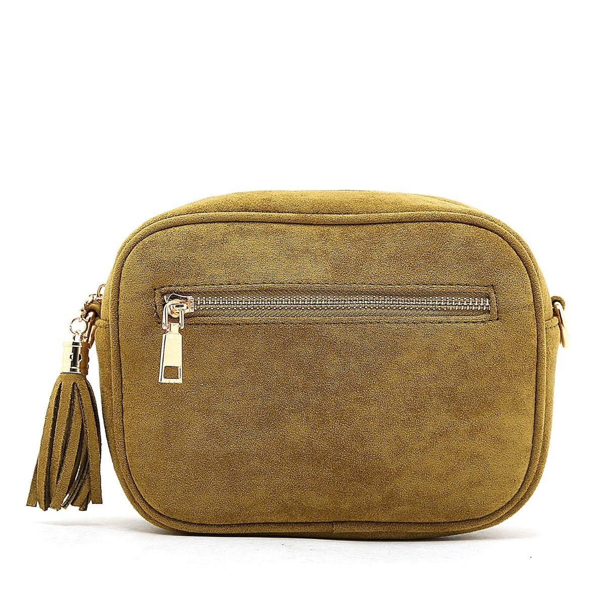 Greco Baguette bag with shoulder strap and zip made of real suede Color  Caramel