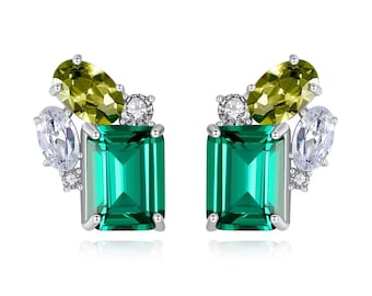 Chic and stylish Art Deco style earrings - With a unique mix of green and clear and cubic zirconia crystals on a 925 sterling silver finish