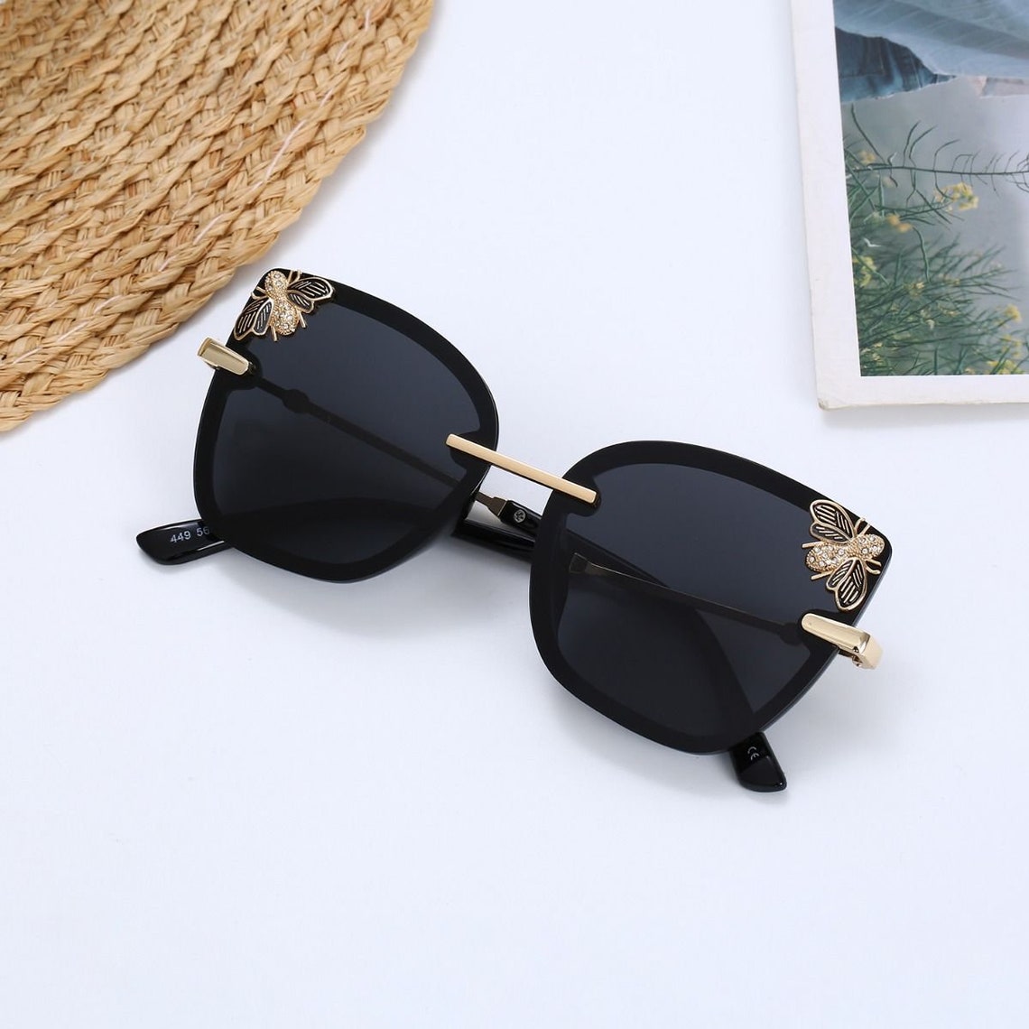 Glamorous Sunglasses with a large jewelled Bee in Black Feel Etsy