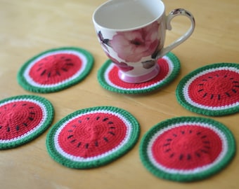 Crochet Watermelon Coaster Set of 6/ Mug rug/ Summer Home Decor/ Unique gift for any occasion