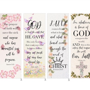 May include: Four rectangular bookmarks with floral and butterfly accents. Each bookmark features a different religious quote in black text. The bookmarks are decorated with pink flowers and butterflies.