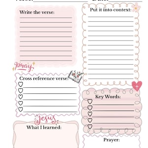 May include: A white Verse Mapping worksheet featuring pink decorative borders, heart icons, and floral accents. The page includes sections labeled Verse, Date, Write the verse, Put it into context, Cross reference verse, Key Words, What I learned, and Prayer.