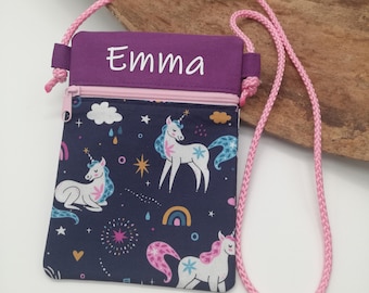 Personalized chest bag with name, unicorn, rainbow hearts, dark blue, purple