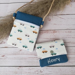 Children's neck pouch wallet with name cars