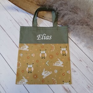 Children&#39;s carrying bag with name Rabbit Owl Curry Olive