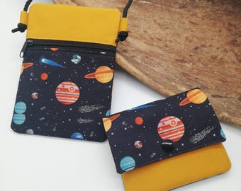 Personalisierter Kinder-Brustbeutel oder Geldbörse mit Planeten & Weltraum – für Jungen zur Einschulung