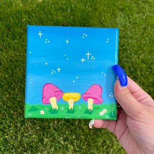 Cute Mushrooms and Little Flowers - Acrylic Painting on Canvas Original