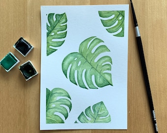 Original watercolour, Monstera deliciosa, Swiss cheese plant, small painting, green houseplant, leaf art, plant lover gift, Mothers Day gift