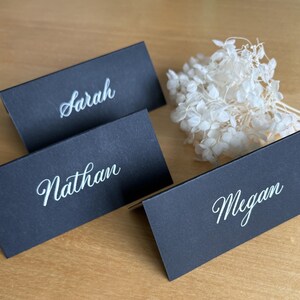 Black place cards, custom calligraphy, handwritten calligraphy names, wedding place setting, dinner party guest folded tented name cards