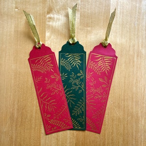 Hand drawn leafy bookmark, red or green, gold ink, plants and leaves calligraphy art, birthday gift for mum, anniversary gift, personalised