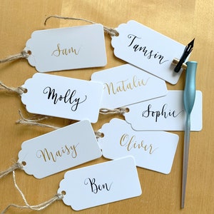 Personalised gift tags, handwritten white tags, custom calligraphy label, wedding favour tag, birthday gift label, customised name tag, jute