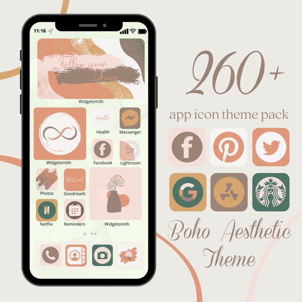 Bohemian IPhone iOS 14 App icons Theme Pack, Cream Beige Aesthetic Home Screen, Abstract App Icon Bundle, IOS Boho Style Wallpaper & Widgets