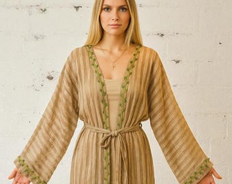 Handmade Sheer Organza Kimono Robe: Green Vine Trim, Beige Striped Boho Cover-Up