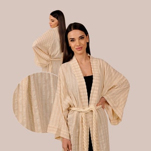 Beżowy lniany szlafrok kimono – styl vintage w stylu azjatyckim, ręcznie robiony w Turcji – prezent ślubny w stylu boho – rozmiar uniwersalny