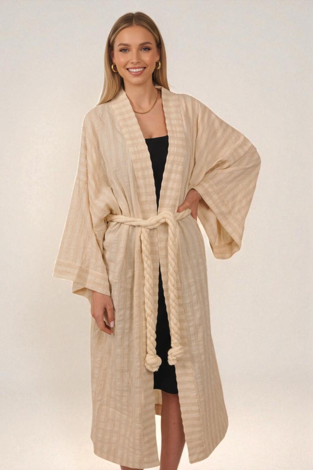 Hand Made Robe Beige Cotton Kimono Robe: Vintage Asian Style, Handmade in Turkey - Etsy
