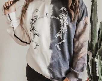 Dancing Skeletons Bleached Crewneck Sweatshirt-Oversized Sweatshirt-Halloween Sweatshirt-Skeleton Crewneck-Spooky Lounge Set